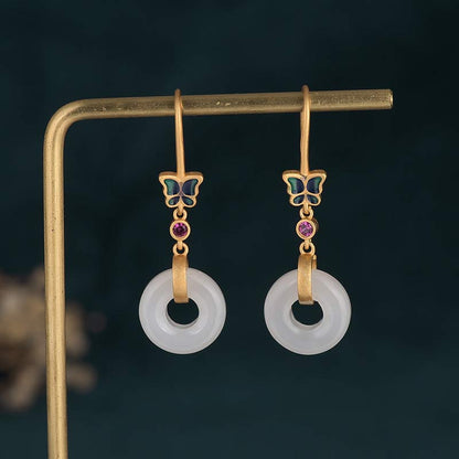 Pendientes de la suerte con forma de mariposa de jade blanco y piedra mitológica Feng Shui