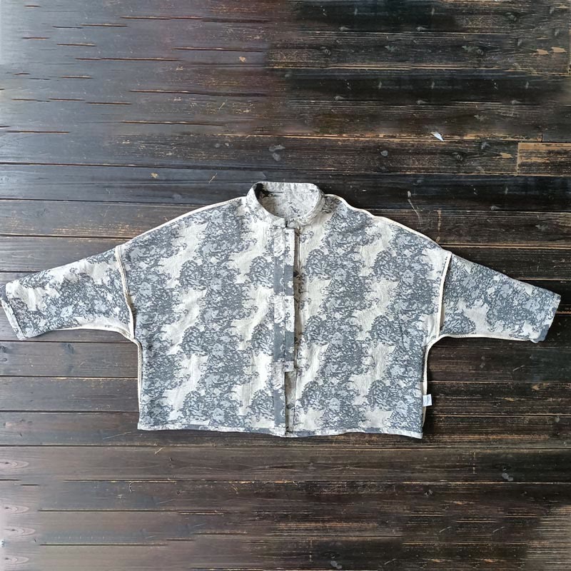 Mythstone Black Gray Print Frog-button Design Long Sleeve Cotton Linen Jacket Shirt With Pockets