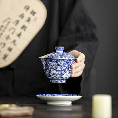 Mythstone Vintage Blue And White Porcelain Ceramic Gaiwan Sancai Teacup Kung Fu Tea Cup And Saucer With Lid