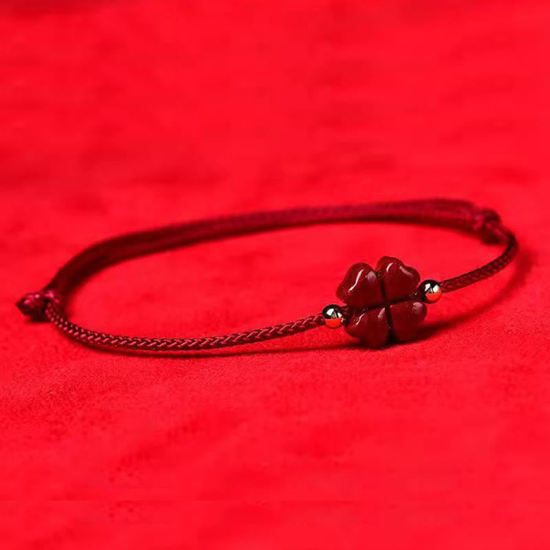 Mythstone Natural Cinnabar Four Leaf Clover Blessing Red String Bracelet Anklet