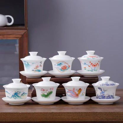 Mythstone White Porcelain Mountain Landscape Countryside Ceramic Gaiwan Teacup Kung Fu Tea Cup And Saucer With Lid