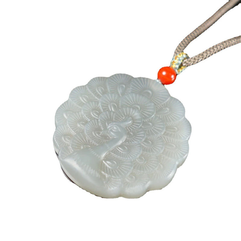 Mythstone White Jade Peacock Protection Blessing Necklace Pendant