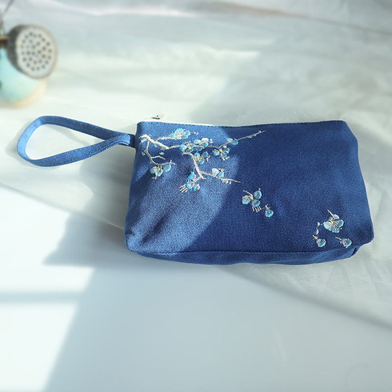 Mythstone Small Flower Plum Cherry Crane Peach Blossom Embroidery Canvas Wallet Shopping Purse