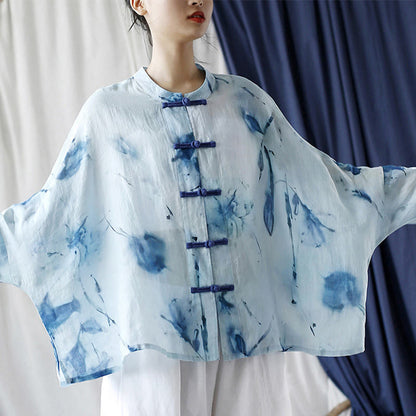 Mythstone Tie Dye Blue Flowers Frog-Button Design Long Sleeve Ramie Linen Jacket Shirt