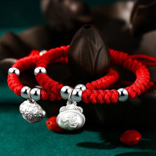 Mythstone 925 Sterling Silver Handmade Fu Character Lucky Money Bag Chinese Lock Charm Bell Lotus Copper Coin King Kong Knot Braided Kids Bracelet