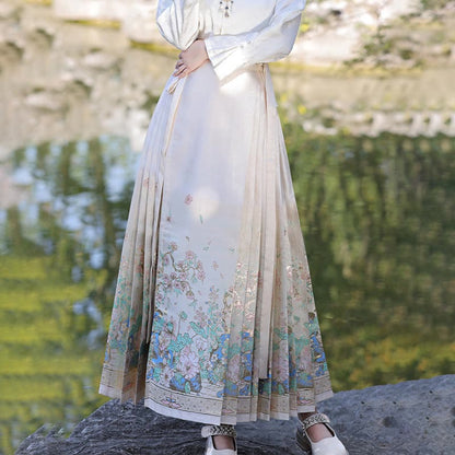 Mythstone Beige Summer Lotus Flowers Pond Printed Chinese Hanfu Horse Face Skirt Mamianqun