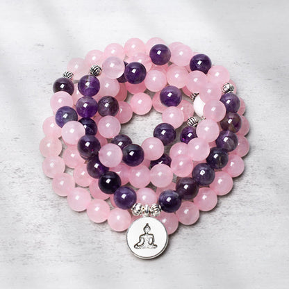 Mythstone Natural Rose Quartz & Amethyst Mala Bead Lotus Pendant Bracelet