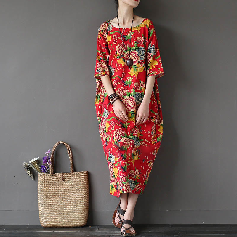 Mythstone Red Peony Flowers Printed Midi Dress Half Sleeve Cotton Linen Dress