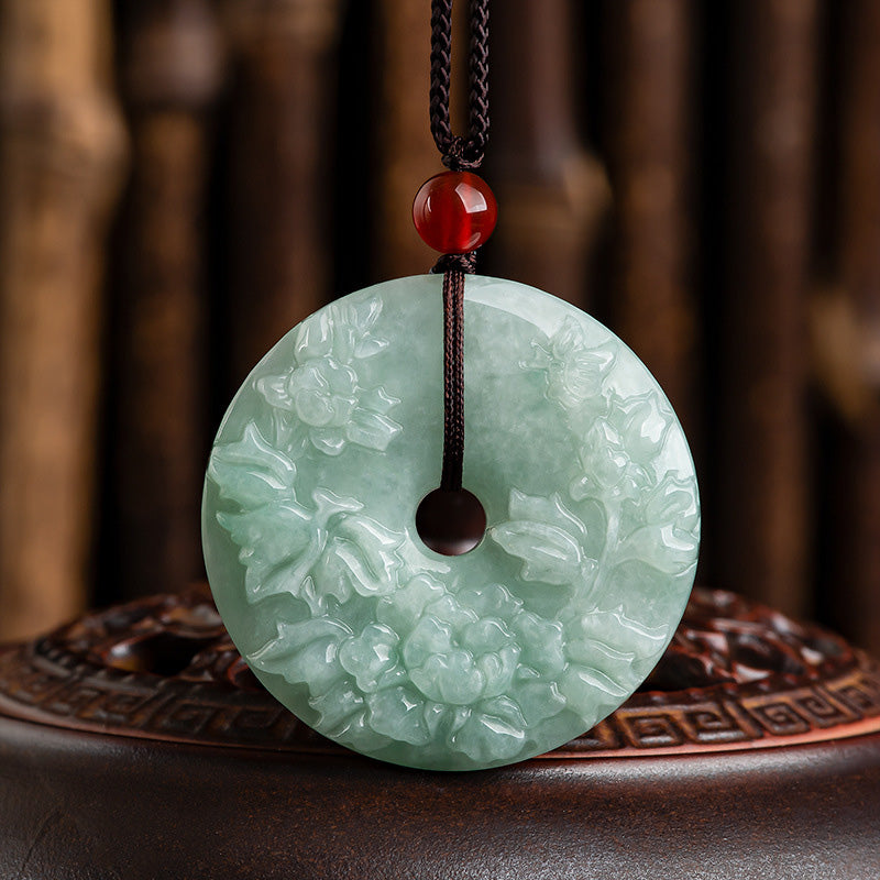 Mythstone Round Jade Peace Buckle Peony Flower Abundance Necklace Pendant