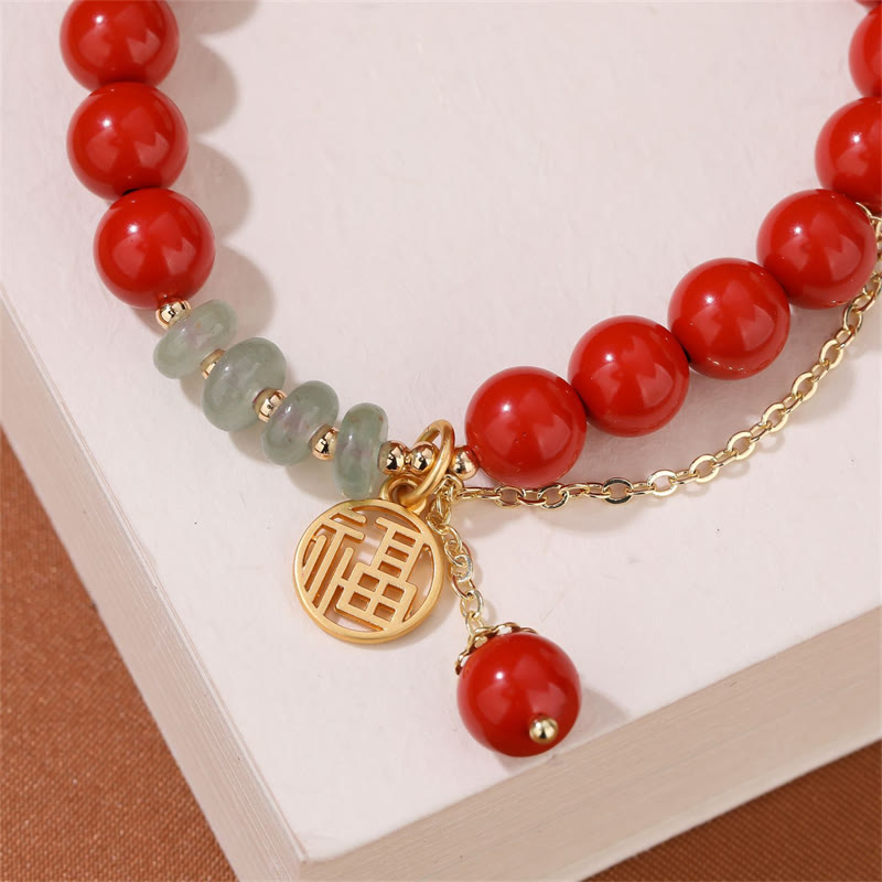 Mythstone Cinnabar Auspicious Fu Character Jade Calm Bracelet