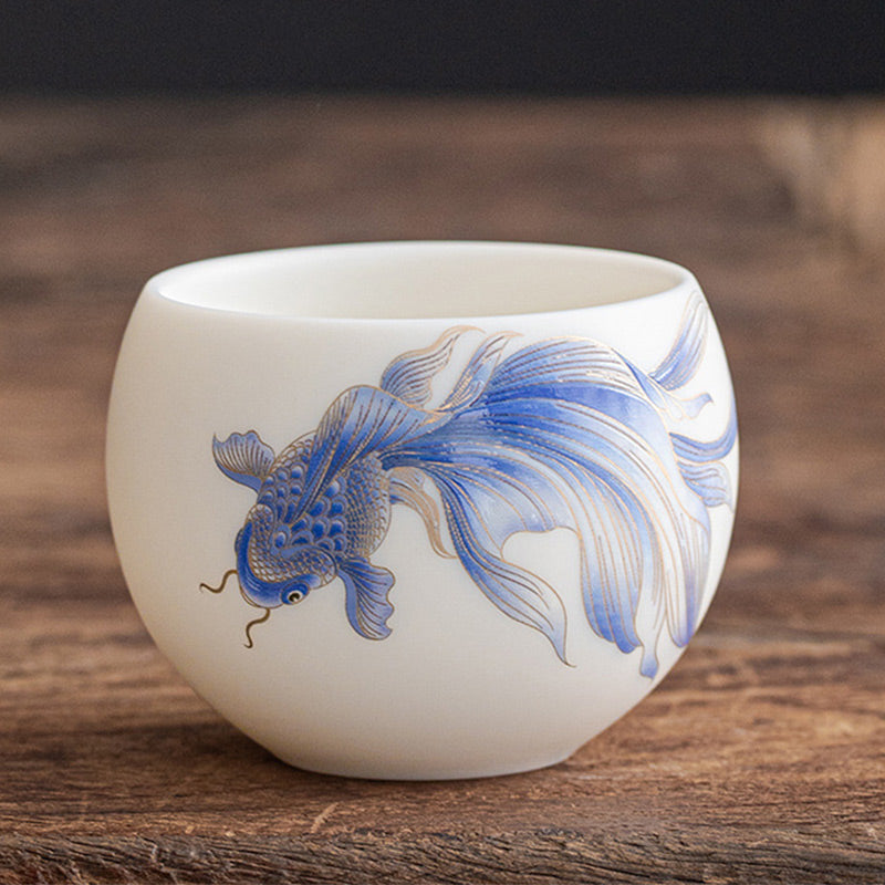 Mythstone Koi Fish White Porcelain Ceramic Teacup Kung Fu Tea Cup