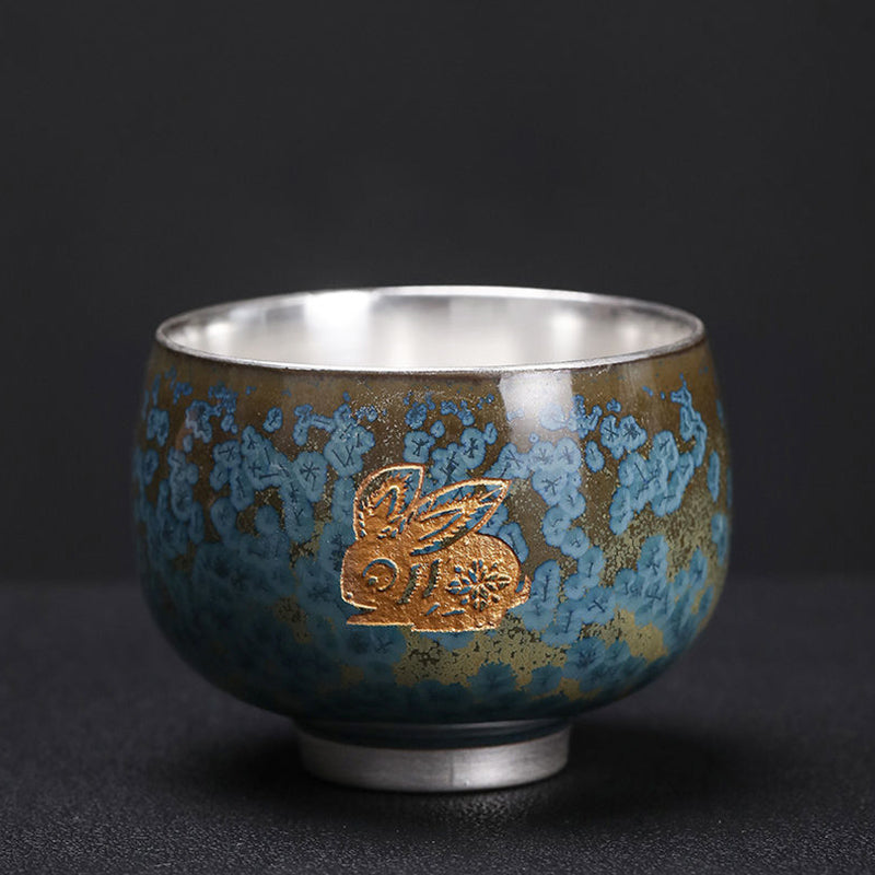 Mythstone 999 Gilt Silver Gilt Chinese Zodiac Ceramic Teacup Kung Fu Tea Cup 160ml