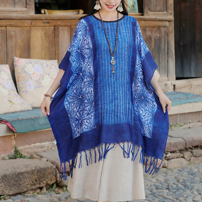 Mythstone Blue Geometric Stripes Batik Shawl Tassels Cozy Travel Pullover 90*95cm