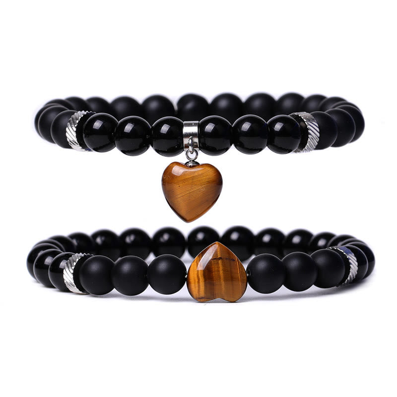 Mythstone 2Pcs Black Onyx Crystal Stone Love Heart Protection Support Couple Bracelet