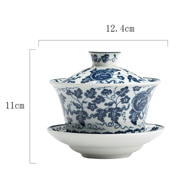 Mythstone Blue And White Porcelain Lotus Koi Fish Lion Dance Watermelon Ceramic Gaiwan Sancai Teacup Kung Fu Tea Cup And Saucer With Lid 300ml