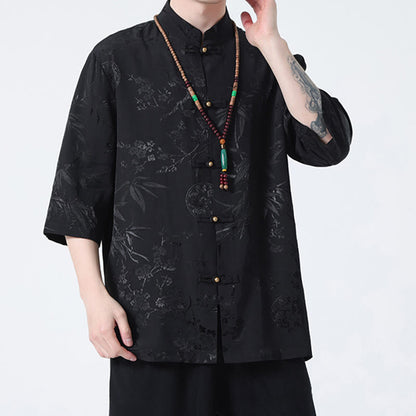 Mythstone Peach Blossom Bamboo Leaves Frog-button Chinese Half Sleeve Shirt Men T-shirt