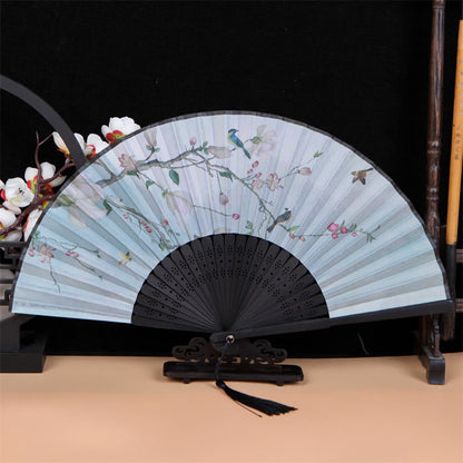 Mythstone Classic Birds Singing Flowers Handheld Bamboo Folding Fan