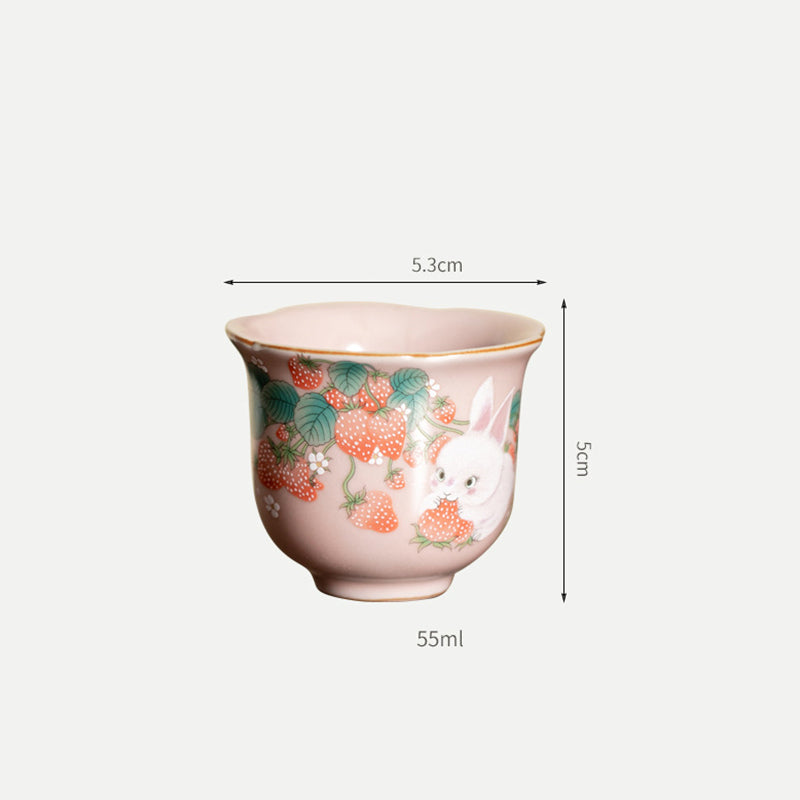 Mythstone Cute Strawberry Rabbit Flower Ceramic Teacup Kung Fu Tea Cup 55ml