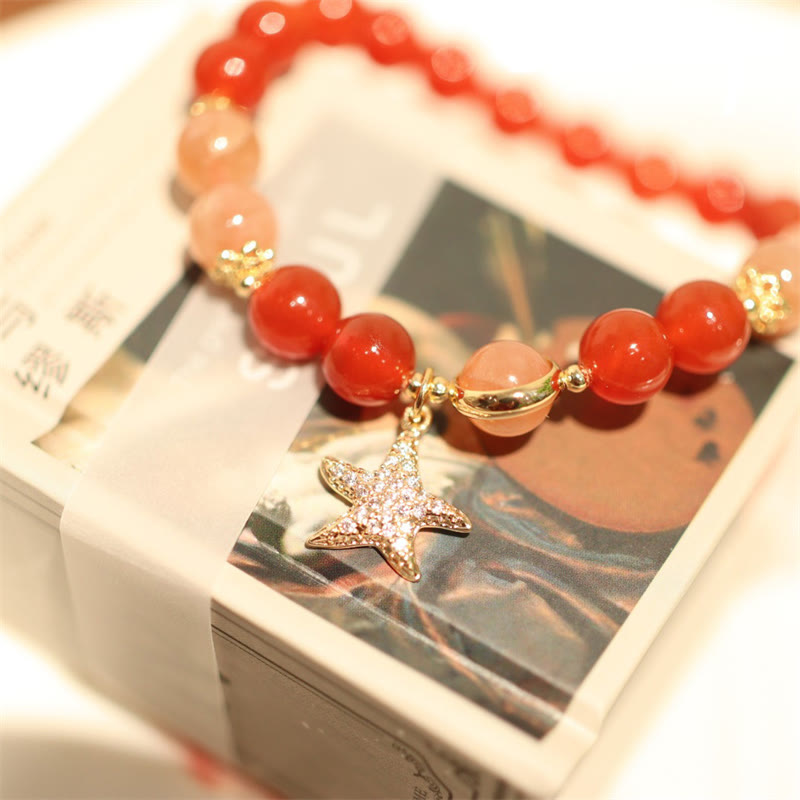 Pulsera de la riqueza con piedra solar, piedra lunar, melocotón y ágata roja y cristal de estrella