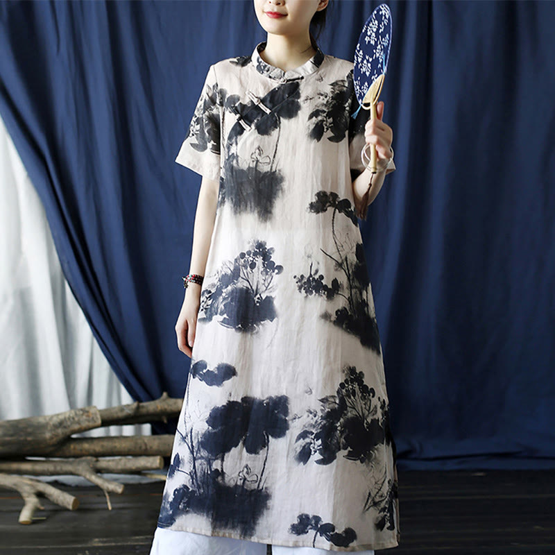 Mythstone Ramie Linen Ink Lotus Leaf Cheongsam Dresses Short Sleeve Dress