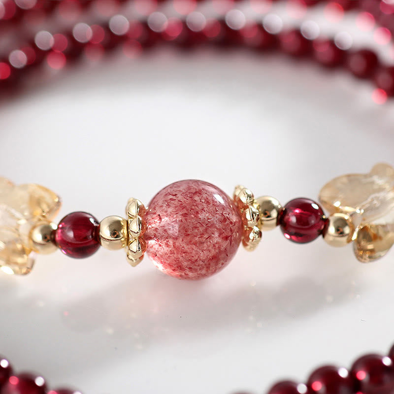 Mythstone 14K Gold Plated Natural Garnet Strawberry Quartz Butterfly Protection Double Wrap Bracelet