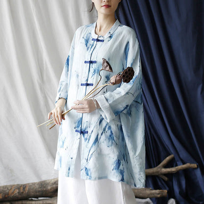 Mythstone Blue White Ink Printing Frog-button Design Long Sleeve Ramie Linen Jacket Shirt With Pockets