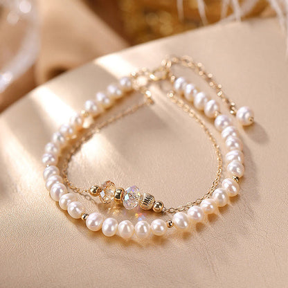 Mythstone 925 Sterling Silver 14K Gold Plated Natural Pearl Crystal Healing Double Layer Bracelet