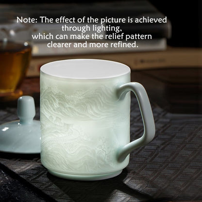 Mythstone Jingdezhen White Porcelain Handmade Great Wall Landscape Engraved Ceramic Teacup Office Mug Tea Cups