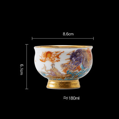 Mythstone Golden Eagle Auspicious Dragon Sun Ocean Waves Gilt Ceramic Teacup Kung Fu Tea Cup