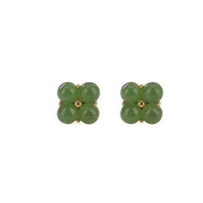 Mythstone 925 Sterling Silver Plated Gold Natural Cyan Jade Four Leaf Clover Luck Stud Earrings