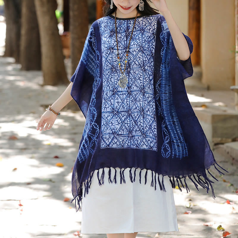 Mythstone Blue Stripe Geometry Indigo Dyeing Shawl Tassels Travel Pullover 90*95cm