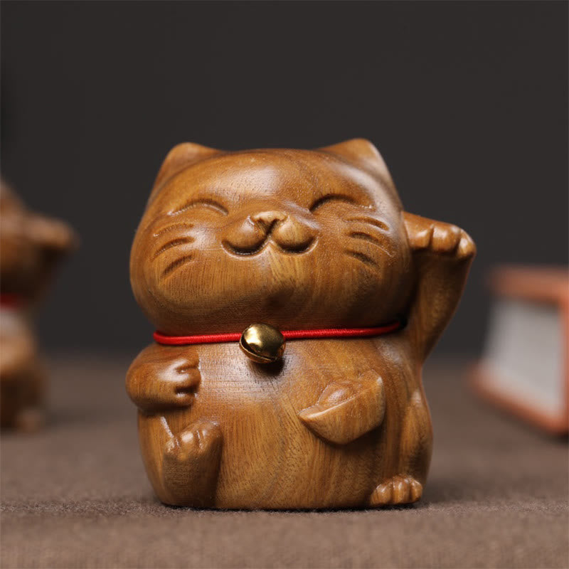 Mythstone Green Sandalwood Small Mini Cute Lucky Cat Peace Decorations