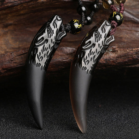 Mythstone Natural Ice Obsidian Wolf Tooth Pattern Courage Necklace Pendant