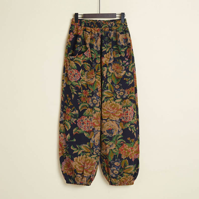 Pantalones harén de lino y algodón con estampado de grafiti geométrico y flores informales de Mythstone con bolsillos 