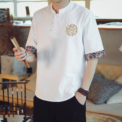 Mythstone Frog-Button Dragon Embroidery Chinese Tang Suit Short Sleeve Shirt Linen Men Clothing