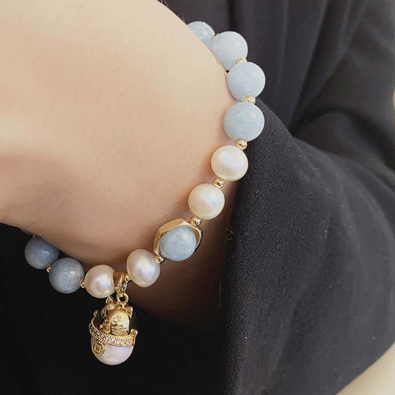 Mythstone Aquamarine Pearl Peace Healing Lucky Cat Charm Bracelet