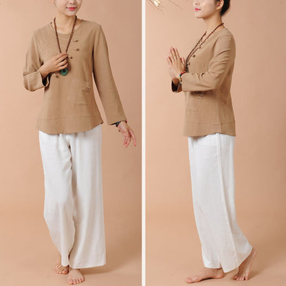 Mythstone 2Pcs Long Sleeve T-Shirt Tee Pants Meditation Zen Tai Chi Linen Clothing Women's Set