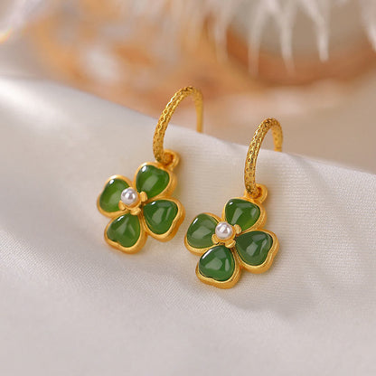 Mythstone 925 Sterling Silver Natural Cyan Jade Four Leaf Clover Luck Success Earrings