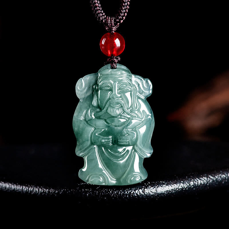 Mythstone Natural Green Jade Chinese God of Wealth Caishen Ingot Abundance Necklace Pendant