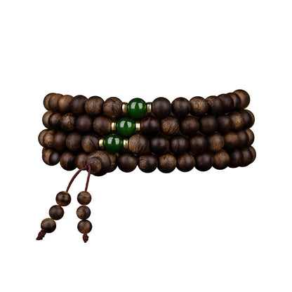 MythStone 108 Mala Beads Indonesia Tarakan Rare Agarwood Cyan Jade Ward Off Evil Spirits Bracelet