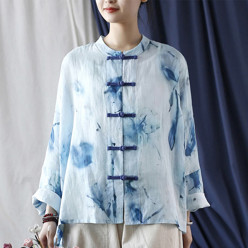 Mythstone Tie Dye Blue Flowers Frog-Button Design Long Sleeve Ramie Linen Jacket Shirt