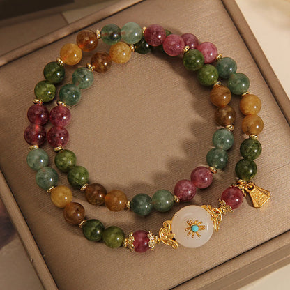 Mythstone Natural Multicolored Tourmaline Positive Jade Flower Double Wrap Bracelet