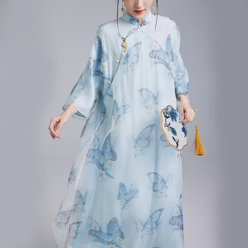 Mythstones 100% Mulberry Silk Organza Blue Butterfly Print Qipao Cheongsam Dress