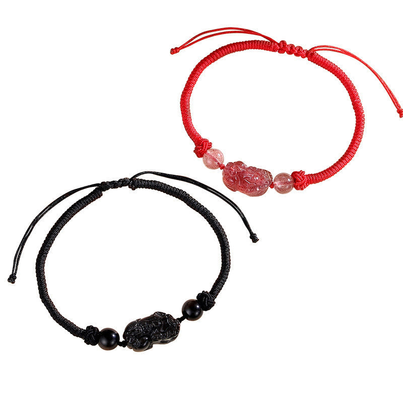 Mythstone Handmade Natural Silver Sheen Obsidian Strawberry Quartz PiXiu Protection Braided Bracelet