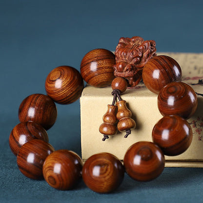 MythStone Rosewood Green Sandalwood Small Leaf Red Sandalwood Agarwood Dragon Carved Protection Bracelet