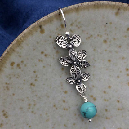 Mythstone 925 Sterling Silver Turquoise Lazurite Flower Leaf Serenity Protection Hook Drop Dangle Earrings