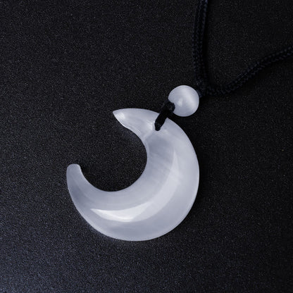 Mythstone Natural Silver Sheen Obsidian Selenite Crystal Crescent Moon Yin Yang Couple Protection Necklace Pendant