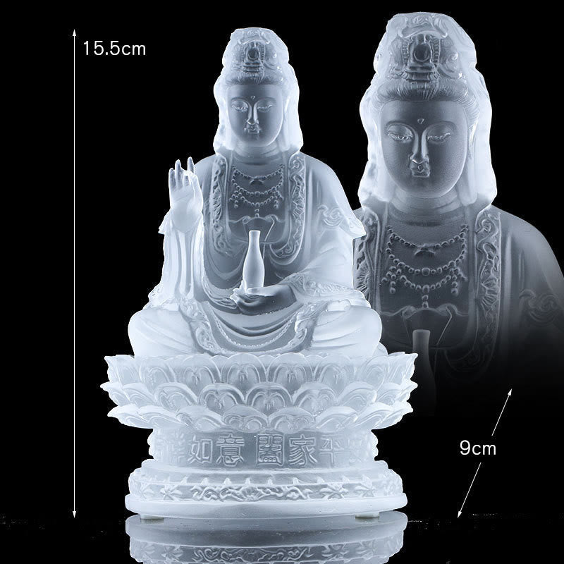 Figura de Avalokitesvara Kwan Yin de Mythstone hecha a mano, pieza de arte de cristal de Liuli, estatua de riqueza, ofrenda para el hogar, decoración