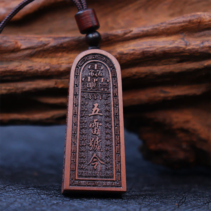 Mythstone Lightning Struck Jujube Wood Taoist Five Thunder Order Luck Protection Necklace Pendant