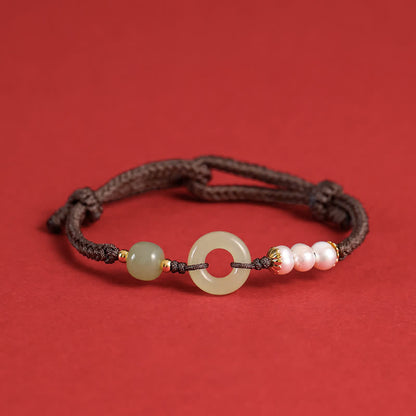 Mythstone Natural Hetian Jade Pearl Peace Buckle Luck Bracelet